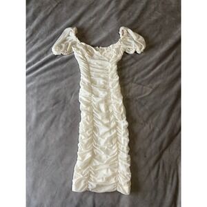 White Ruched Puff Sleeve Bodycon Midi Dress Sweetheart Neckline Bridal Shower